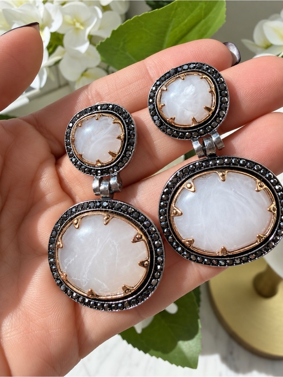 Anthropologie Jewelry - Silver Chunky Double Drop Earrings with Black Crystal Halo - Fall trend